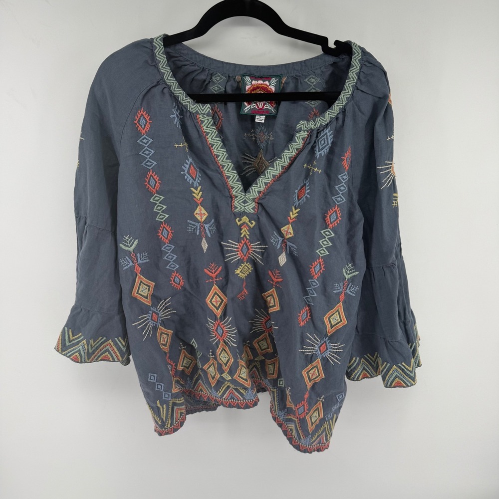 Johnny Was Embroidered Linen Top XL Blue Peasant Blouse Boho Festival Coastal